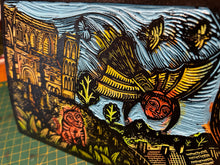 Load image into Gallery viewer, Eilmer the monk painted Lino block