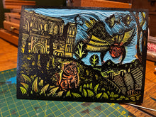 Load image into Gallery viewer, Eilmer the monk painted Lino block
