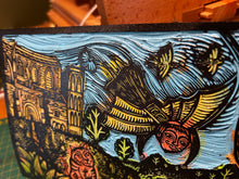 Load image into Gallery viewer, Eilmer the monk painted Lino block

