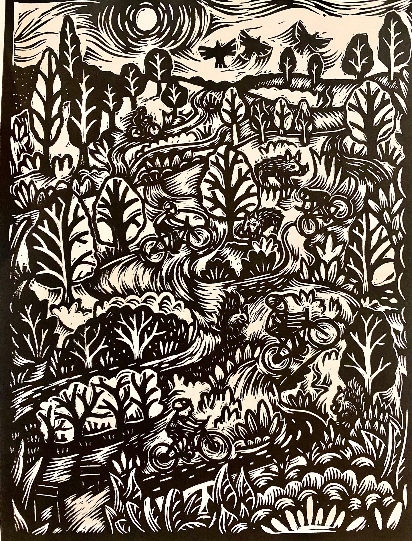 Cycling linocut