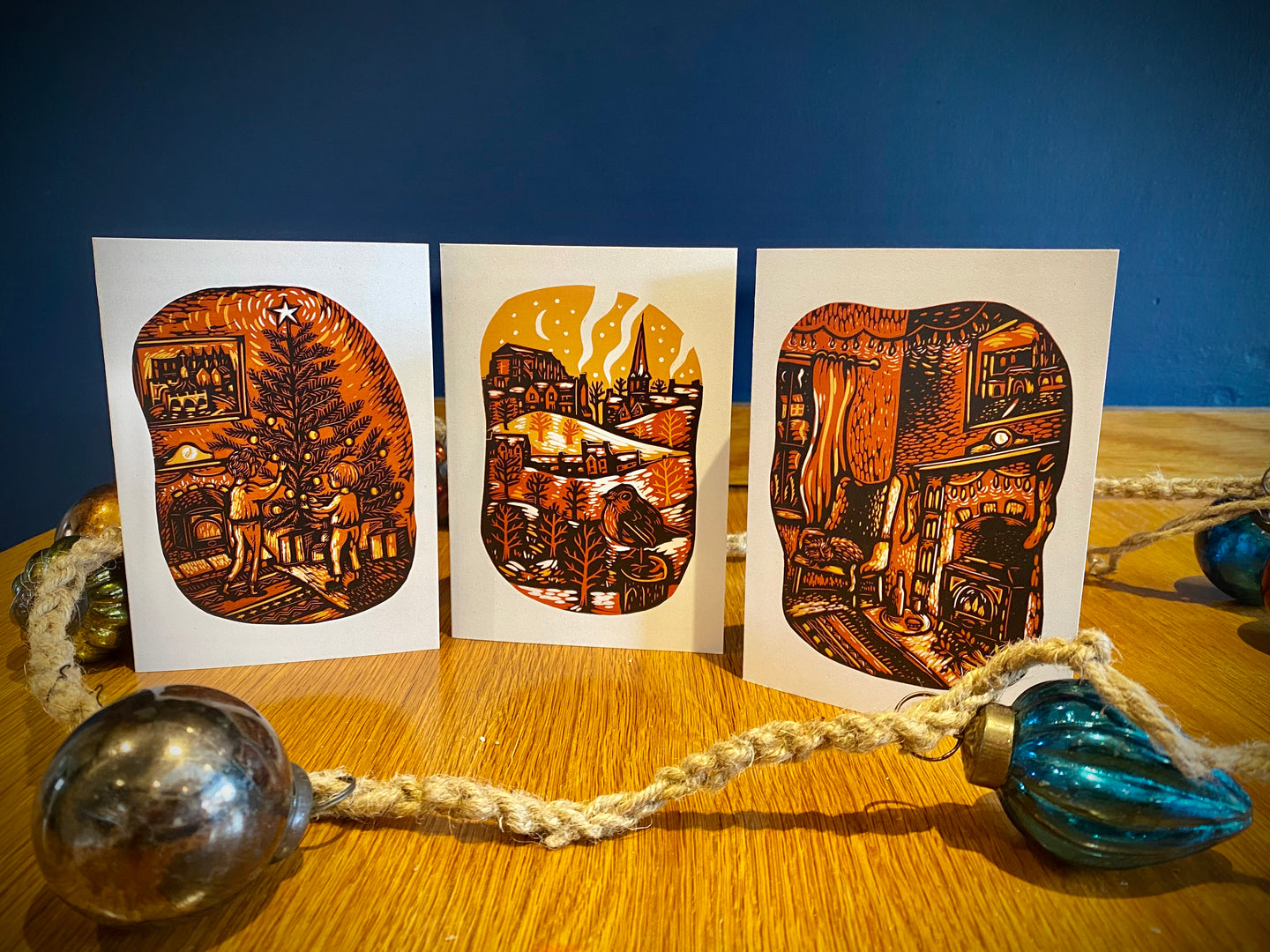 Set of 6 linocut Christmas cards